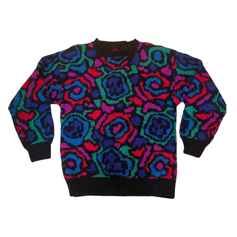 Vintage Sweater Abstract Rose Intarsia Handknit Sweater Neon Multicolor